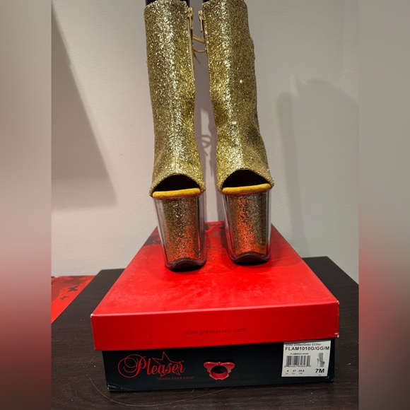 Pleaser Flamingo 1018G Gold Glitter Open Toe Lace Up back Size 7 - Picture 4 of 10